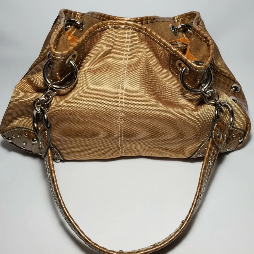 VINTAGEโฎ KATHY VAN ZEELAND Gold Fabric/Croc Leather Hobo - Picture 13 of 13